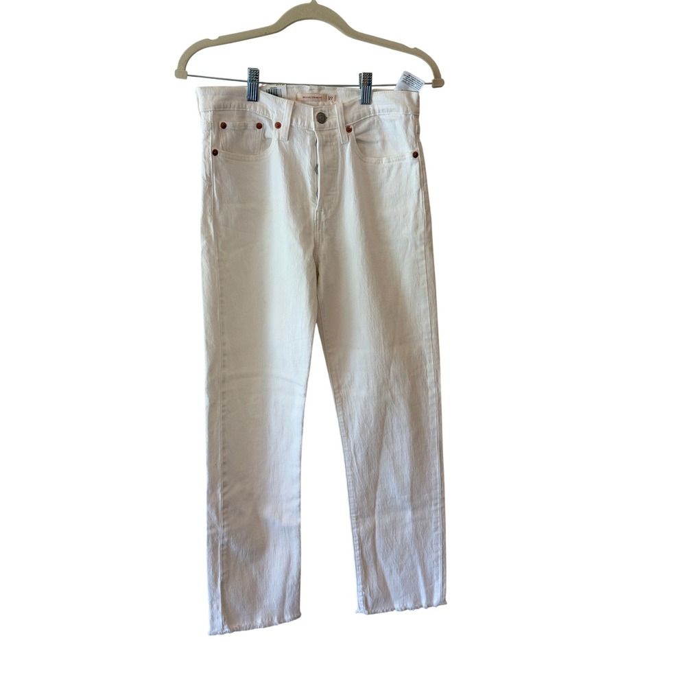 Levis Wedgie Straight High Rise White Raw Hem Jeans, NWT, 27x28
